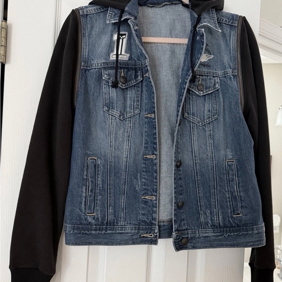 Harley-Davidson Jackets & Blazers - Harley-Davidson Blue Denim & Black Sleeve Hoodie Jacket, Size Small